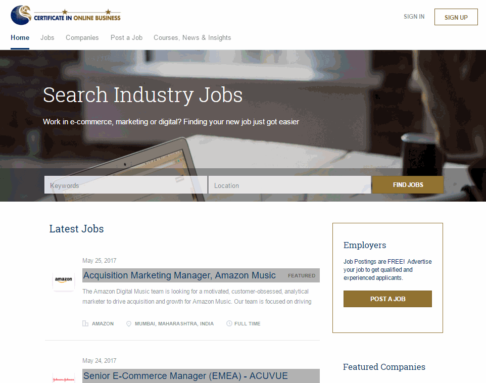 The Certificate in Online Business Jobs Board